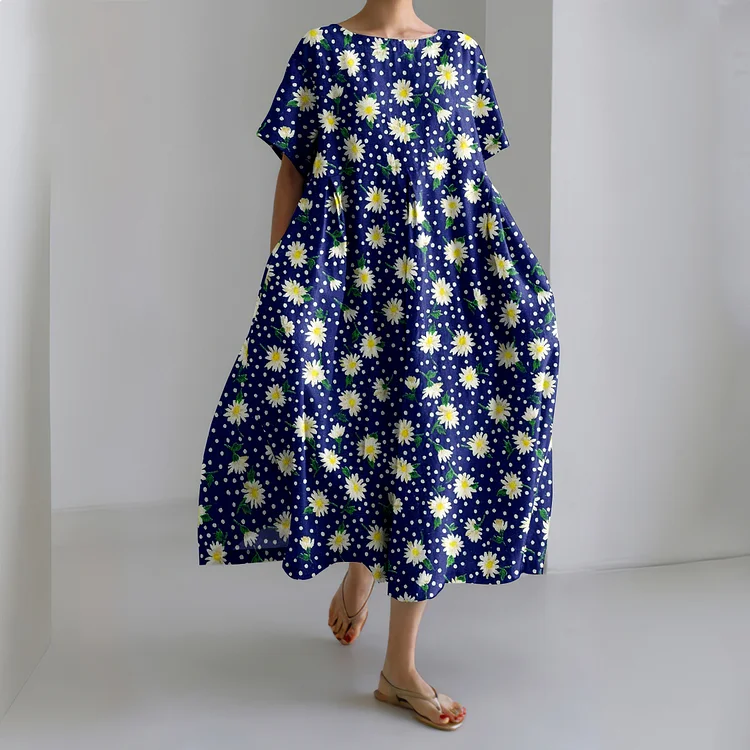 Simpfit Frisches kurzärmliges Kleid mit Gänseblümchen- und Tupfenmuster für Damen