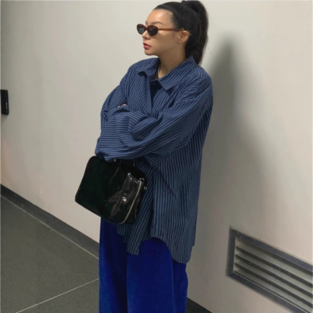 Loose Navy Blue Striped Long Sleeve Shirt