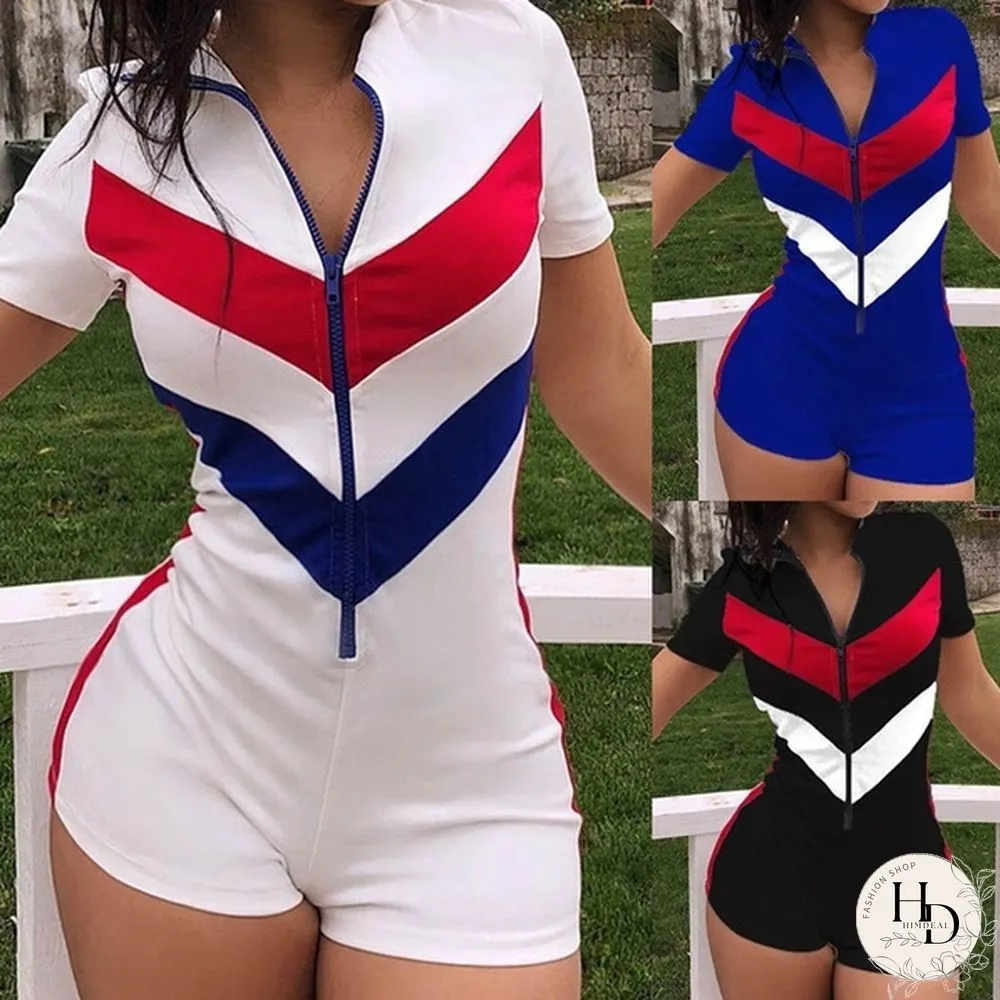 Summer Womens Slim Fit Jumpsuit Chest Zipper Contrast Color Short Sleeve V-neck Shorts