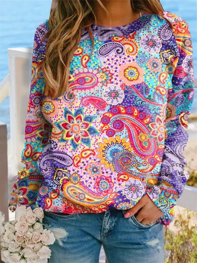 Women Long Sleeve V-neck Graphic Floral Printed Top