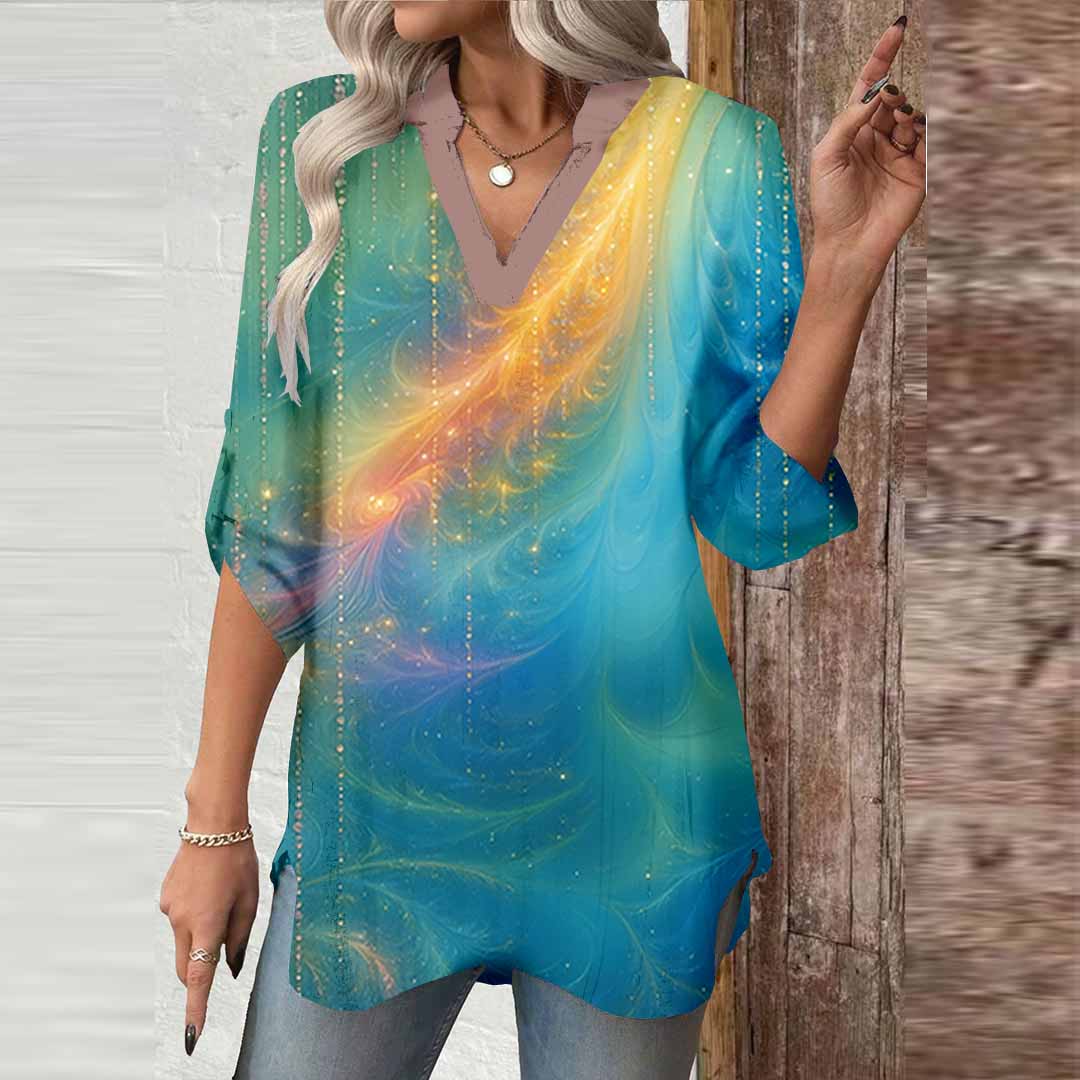 Women Glitter,Floral,Green DZGA0003 3/4 Sleeve V-neck Printed Graphic Button Tops