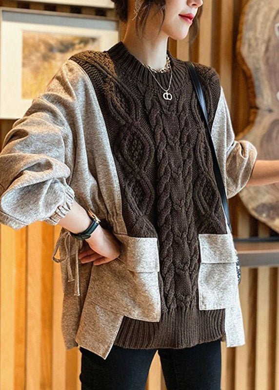 Natural Coffee Patchwork Pockets Cinched Thick Fall Knit Sweater CK2648- Fabulory
