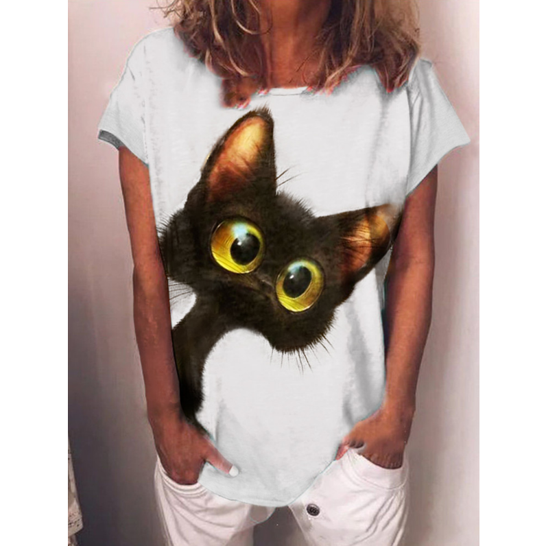 Round neck cat print loose long sleeve T-shirt