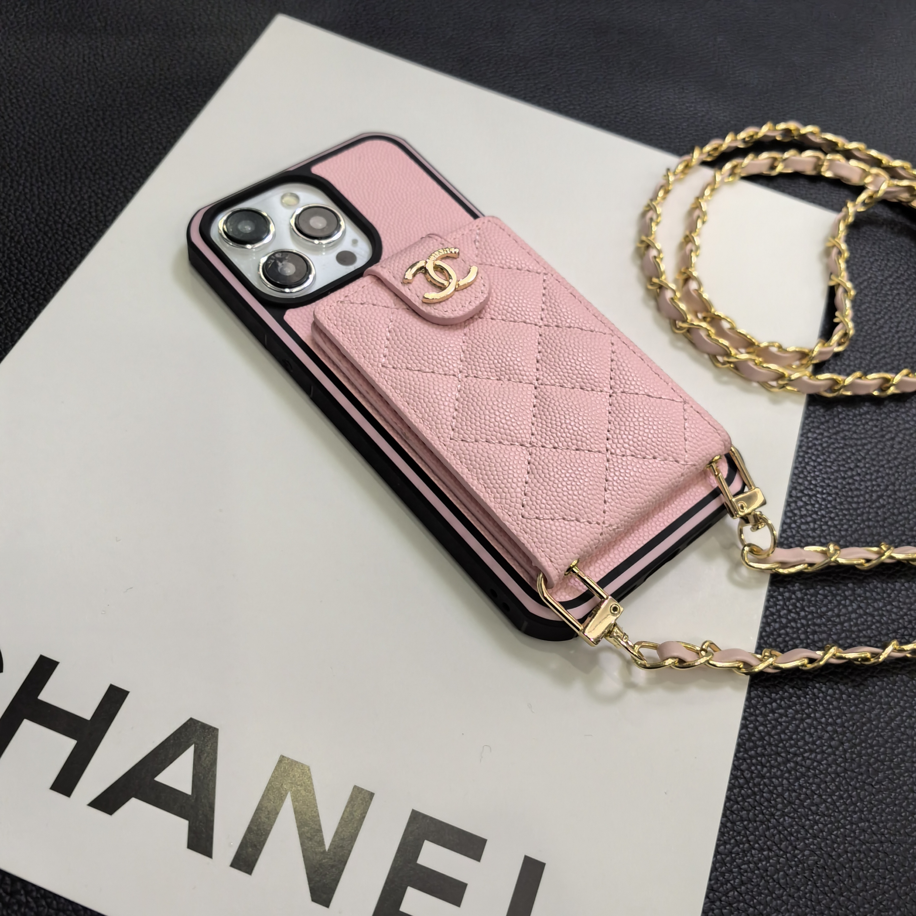 Luxurious Lambskin Chanel Button Card Holder iPhone Case Crossbody