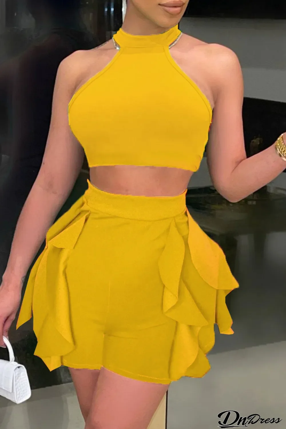 Yellow Sexy Casual Solid Patchwork O Neck Sleeveless Two Pieces