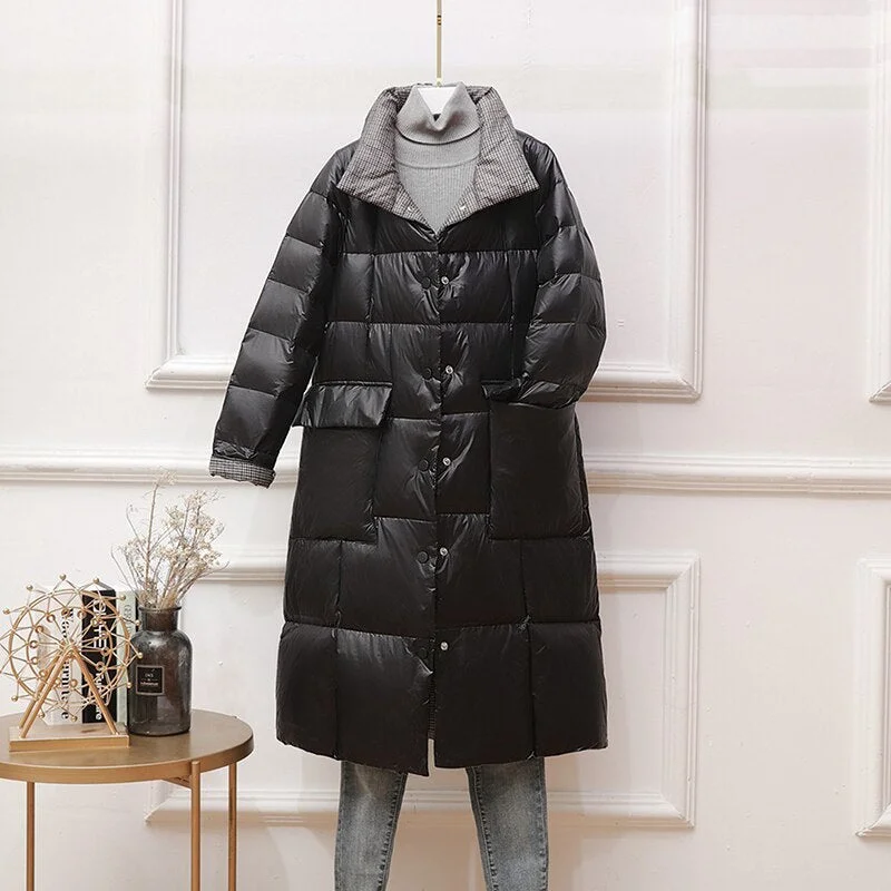 FTLZZ Women Double Sided Down Long Jacket Winter Stand Collar 90% White Duck Down Coat Single Breasted Thick Warm Snow Outwear