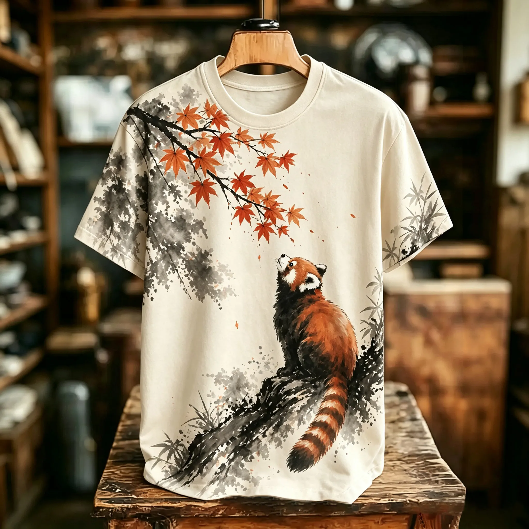 Men's Retro Japanese Zen-inspired Animal And Leaf Print Crew Neck T-shirt  artssus