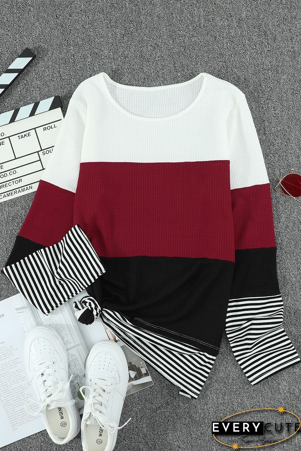Wine Stylish Colorblock Splicing Stripes Top