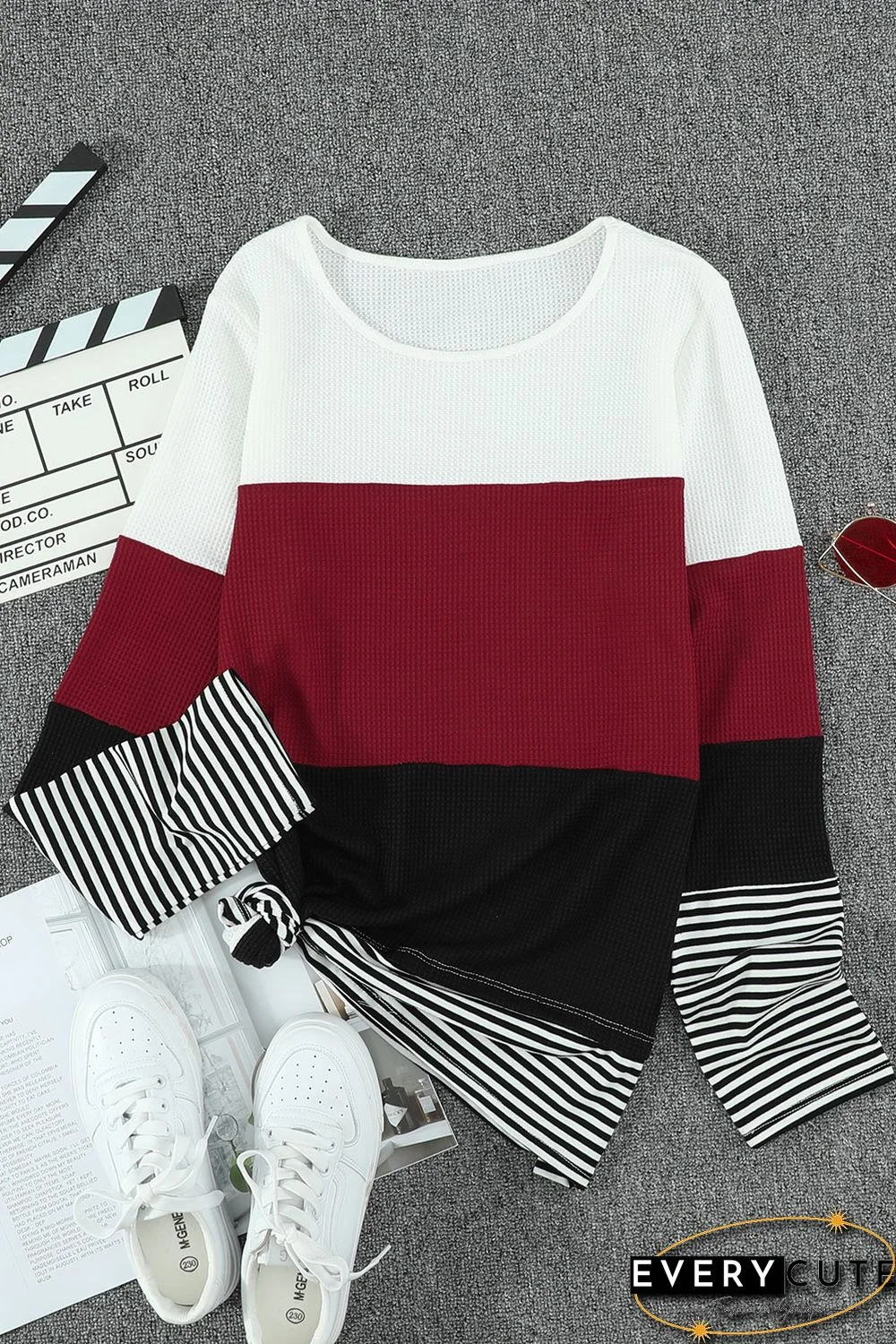 Wine Stylish Colorblock Splicing Stripes Top