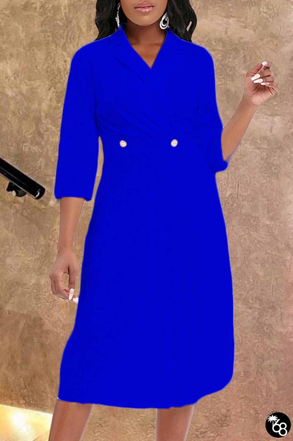 Blue Casual Solid Patchwork Fold Turn-back Collar Straight Dresses | 168DEAL