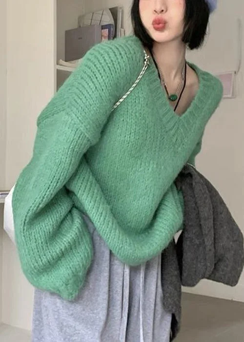 Women Green V Neck Solid Cotton Knit Sweaters Long Sleeve