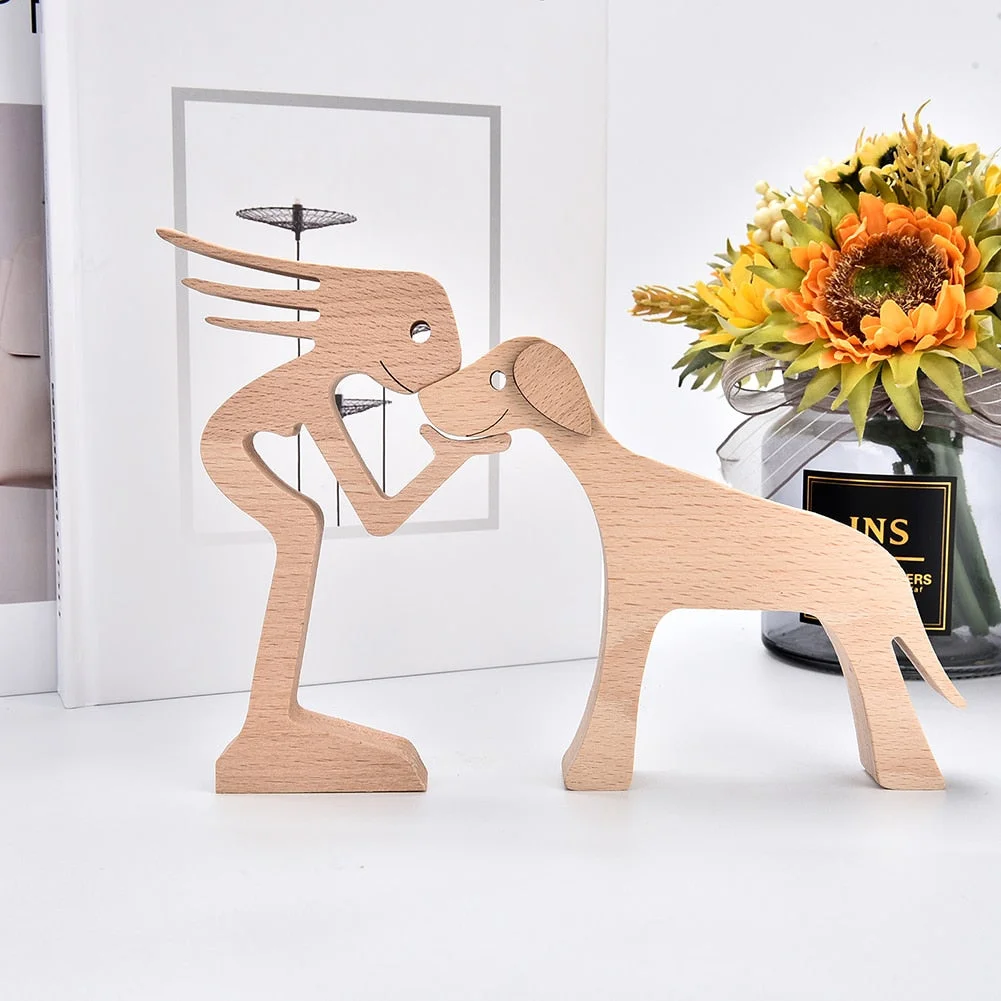 Family Puppy Wood Dog Craft Figurine Desktop Table Ornament Carving Model Creative Home Office Decoration Love Pet Sculpture