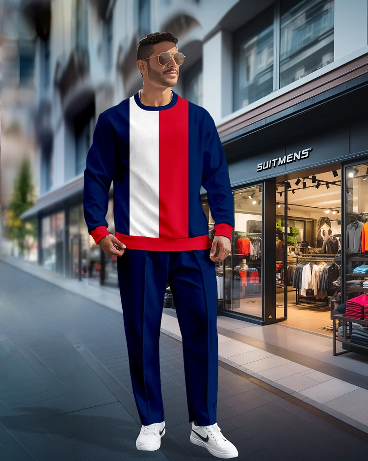 Men's Simple Colorblock Round Neck Casual Sports Set 0160