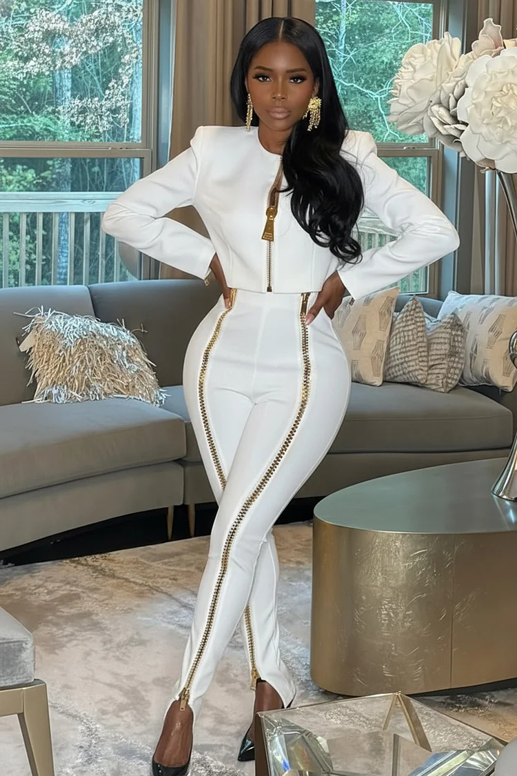 Zipper Patch Shoulder Pad Jacket Skinny Pants 2pcs Set-Black