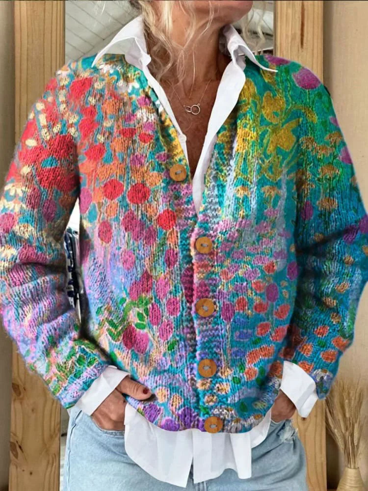 Colorful Floral Print Buttoned Cardigan Sweater