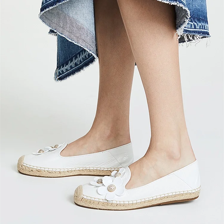 White Rhinestone Flower Espadrille Flats for Comfortable Vdcoo