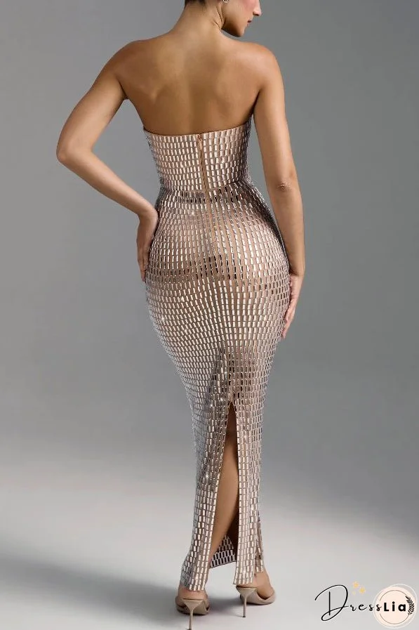 Flash Sculpture Rhinestone Embellished Bandeau Slit Stretch Maxi Dress