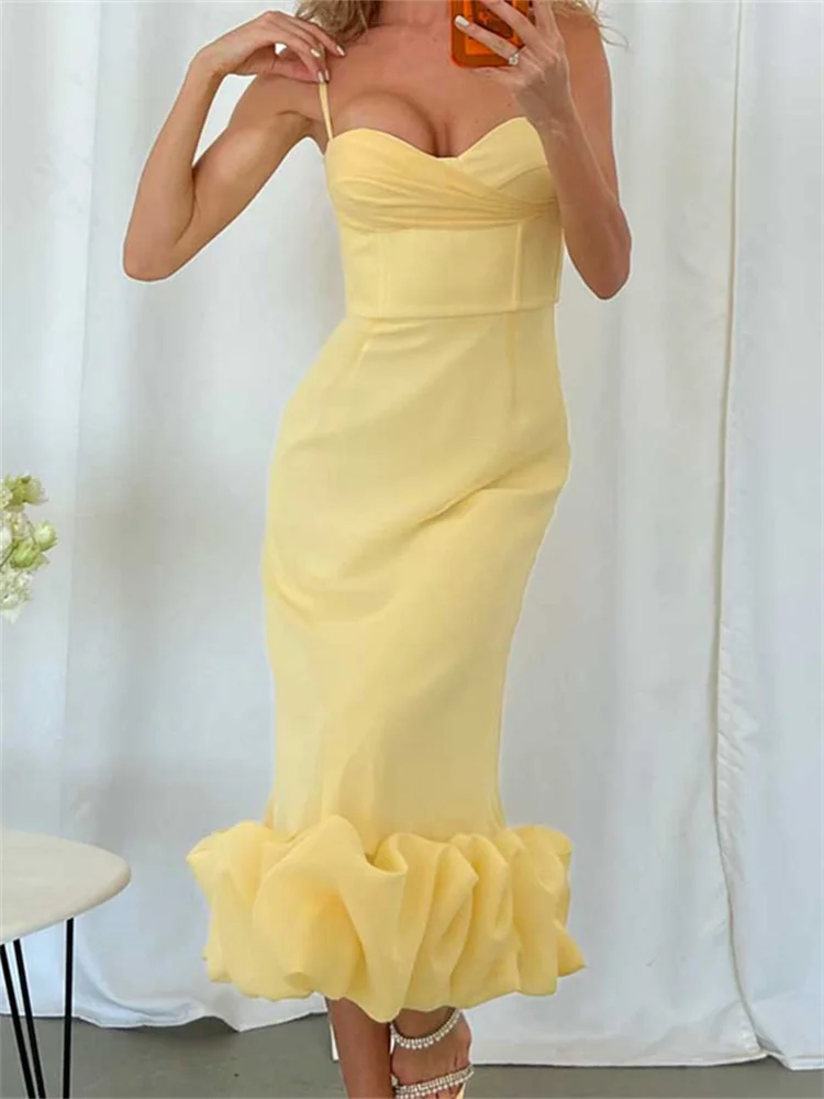 Elegant Women Cocktail Dress Sleeveless Strap Low Cut V-neck Party Dress  Slim Summer Ruched Ruffles Hem Vestidos