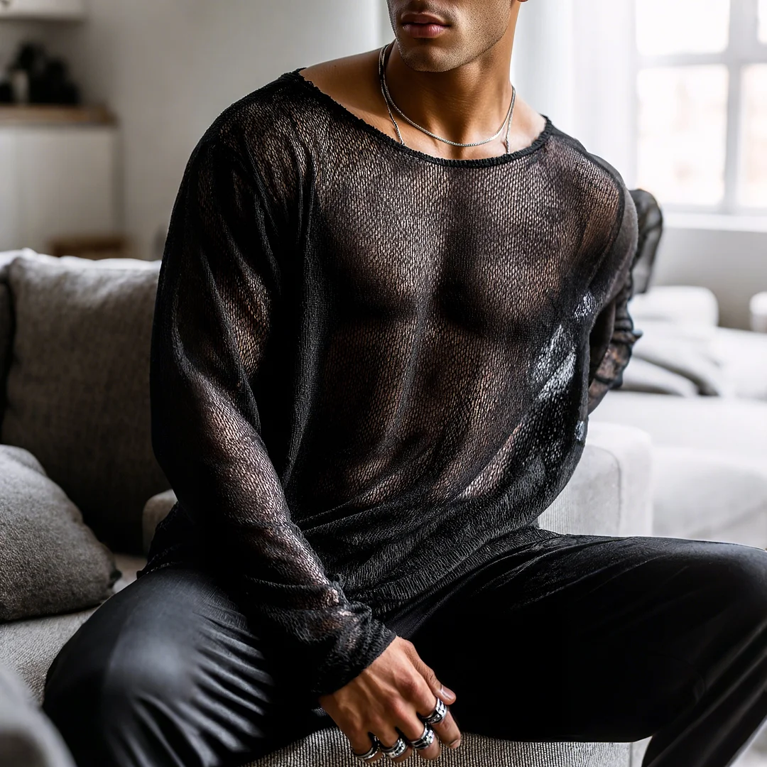 Men's Basic Everyday Casual Wear, Loose Fit, Comfortable Knitted Sheer Long-sleeved Top-inspireuse