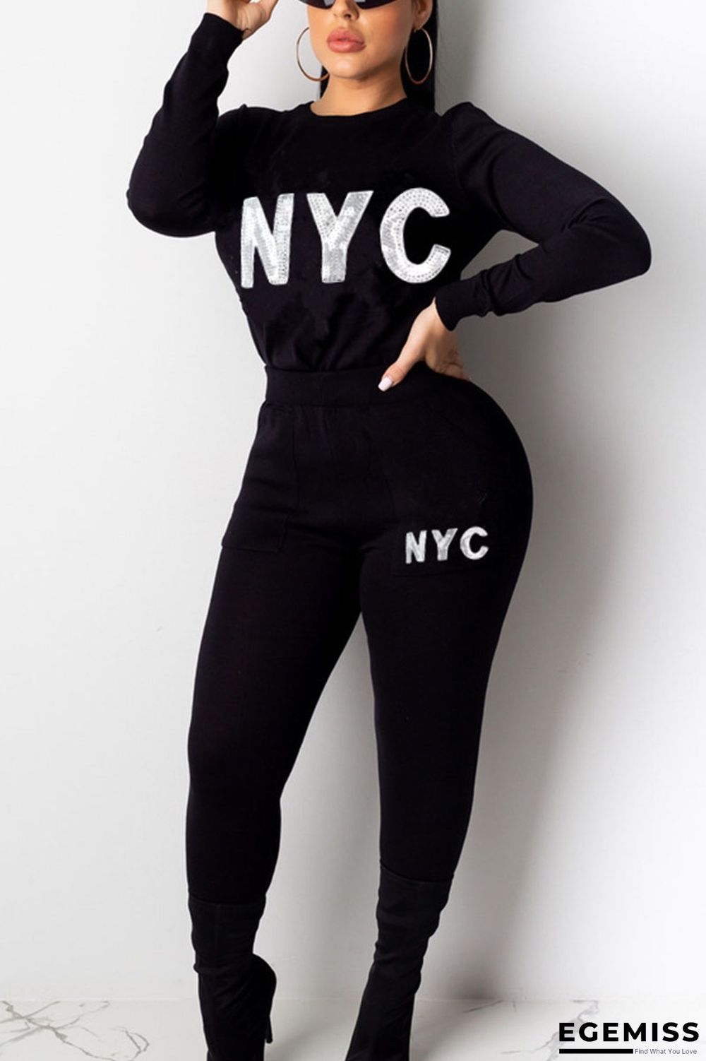 Black British Style Print Embroidered Sequins O Neck Long Sleeve Two Pieces | EGEMISS