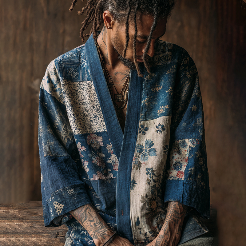 Vintage Japanese Traditional Sashiko Patchwork Art Print Cotton And Linen Blend Kimono Cardigan  artssus