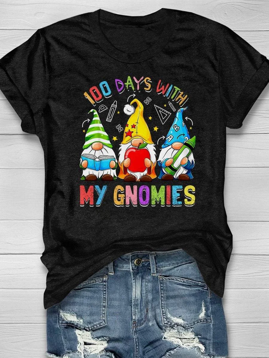 Happy 100th Day Of School Three Gnomes Teachers Print Short Sleeve T-shirt