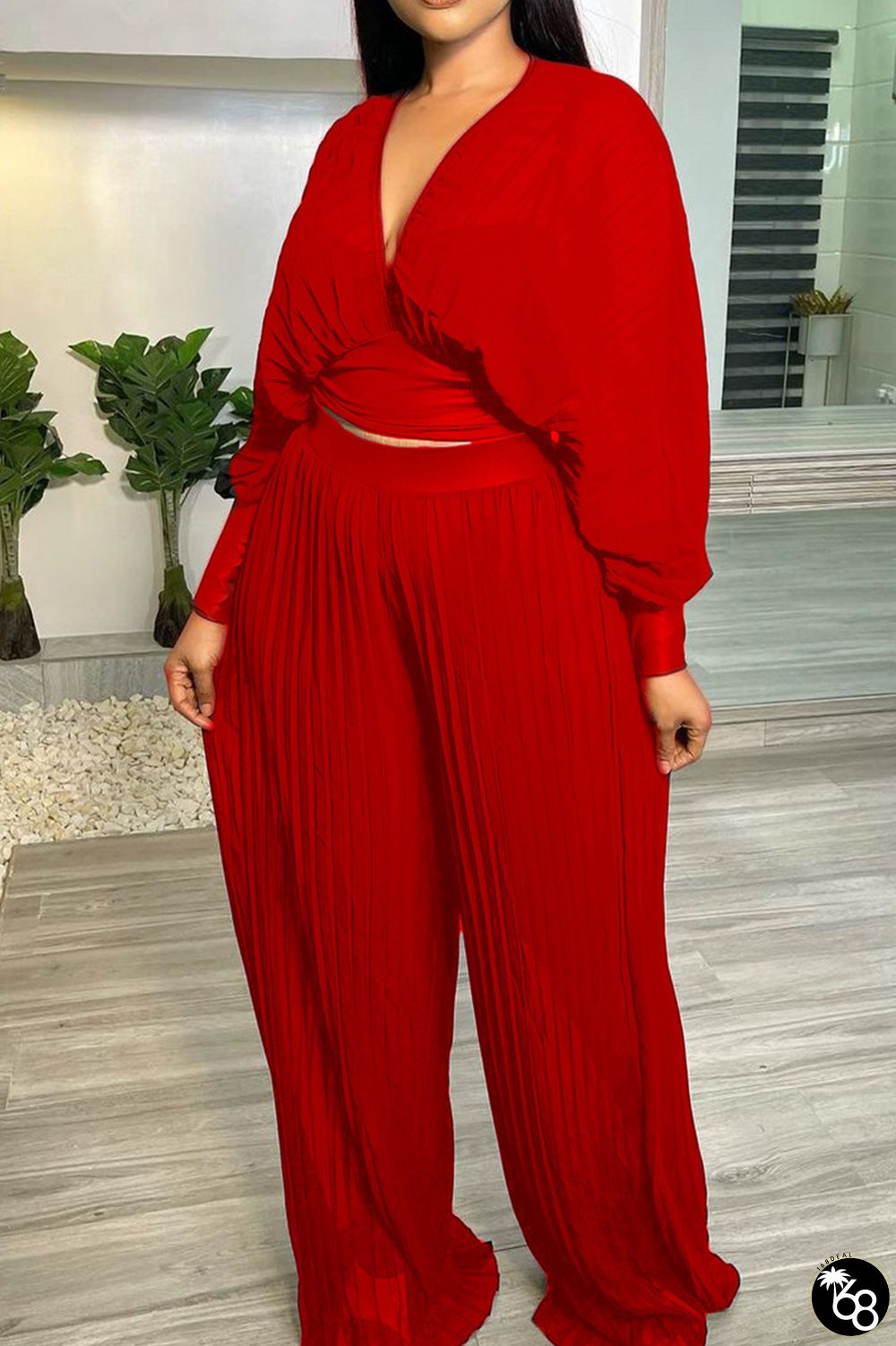 Red Casual Solid Patchwork Pleated V Neck Plus Size Two Pieces | 168DEAL