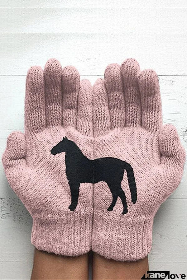 Printed Knitted Gloves Short Thickened Warm Finger Gloves-Dark Horse