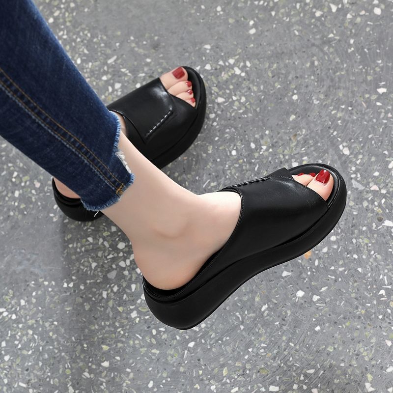 Comelyy New style sandals and slippers women's soft leather thick-soled height increasing shoes flip flops mumuwear