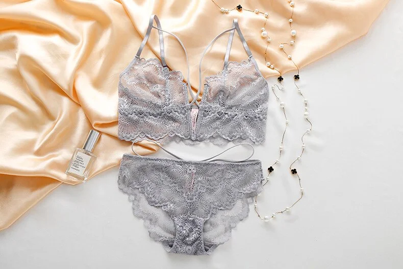 Wriufred Ultra-thin Sexy Lace Bra Set Embroidery Deep V Sleepwear Bra+Pant Underwear Set Breathable Bralette Panty Sets