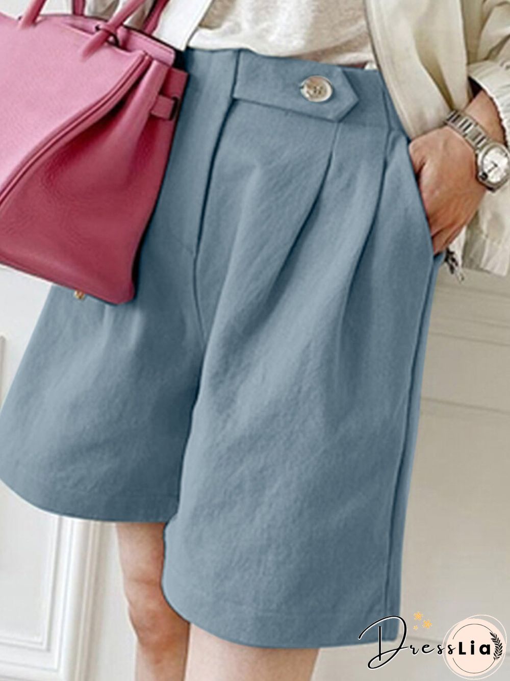 Women Solid Pocket Casual Wide Leg Loose Shorts