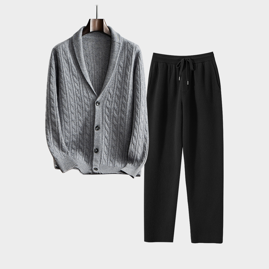 Men's Cable Knit Shawl Collar Cashmere Cardigan and Pants Set | Casual Outfit REAL SILK LIFE