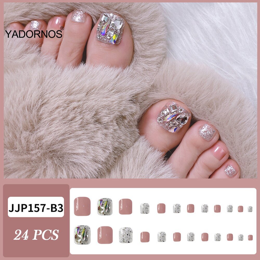 24pcs Press On Toenails Autumn Glitter Diamond Design False Toenails For girls Foot Nail Artificial Toe Nail tips Full Cover