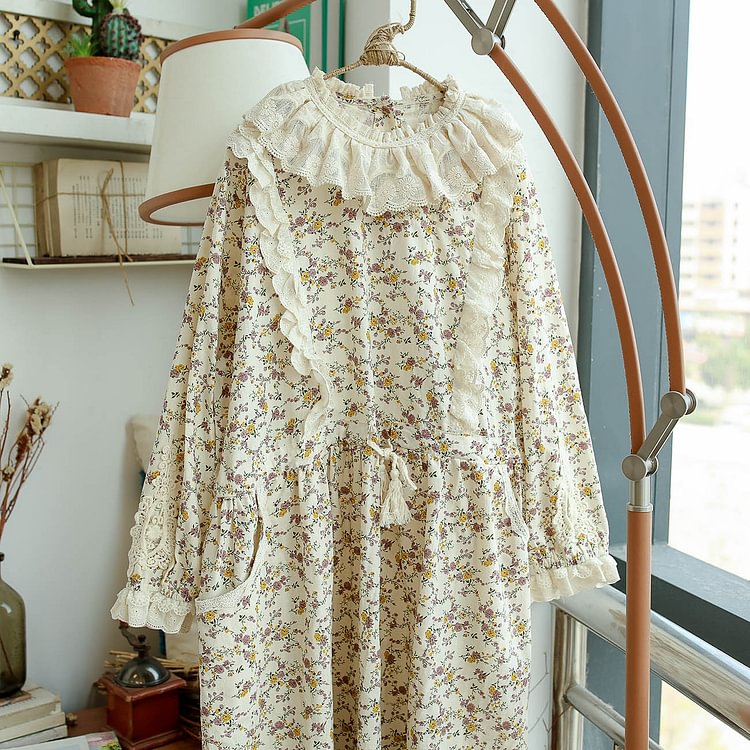 Queenfunky cottagecore style Cotton Lace Collar Vintage Floral Print Dress QueenFunky