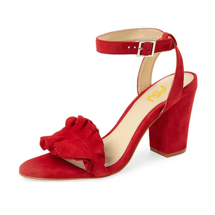 Women's Red Ruffle 3 Inches Chunky Heel Ankle Strap Sandals |FSJ Shoes
