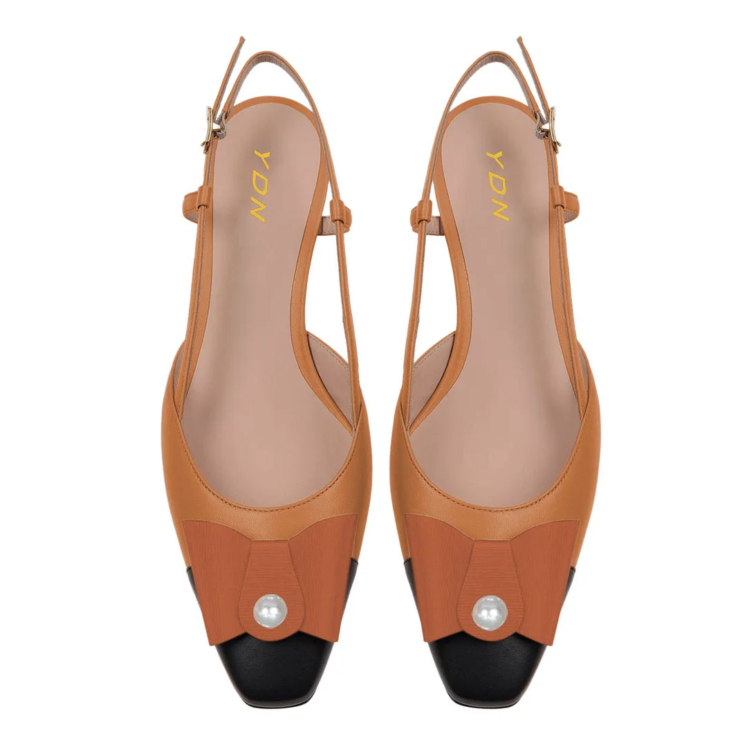 Tan Square Cap Toe Chunky Heel Slingback Pumps with Bow and Pearl