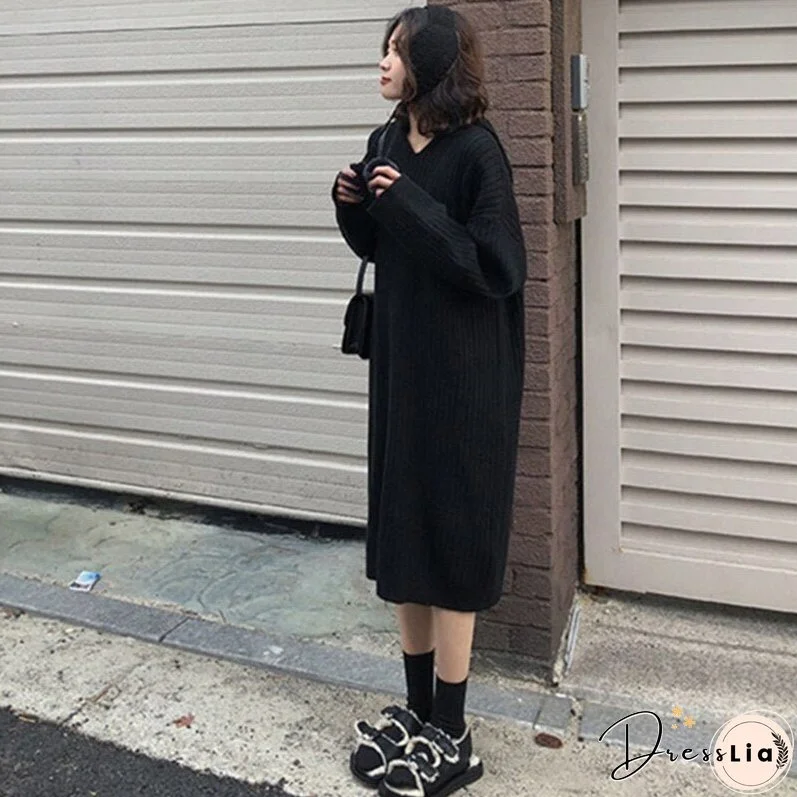 Back to College Syiwidii Knitting Dresses for Women Fall Winter New Elegant Loose Long Sleeve A Line Hooded Sweater Midi Dress Black Gray