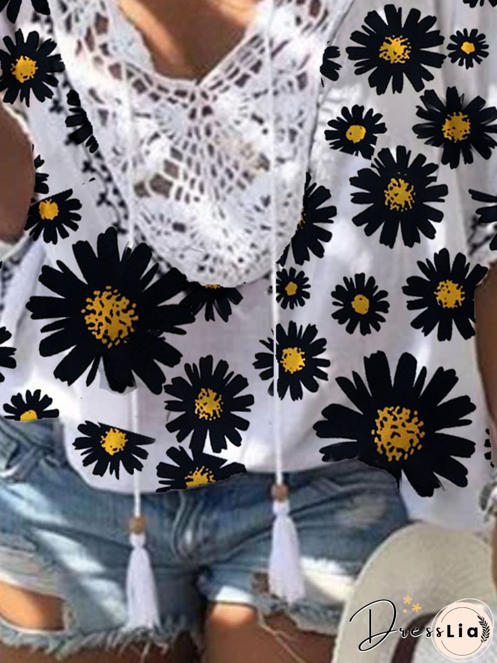 Retro holiday casual loose little daisy V-neck top