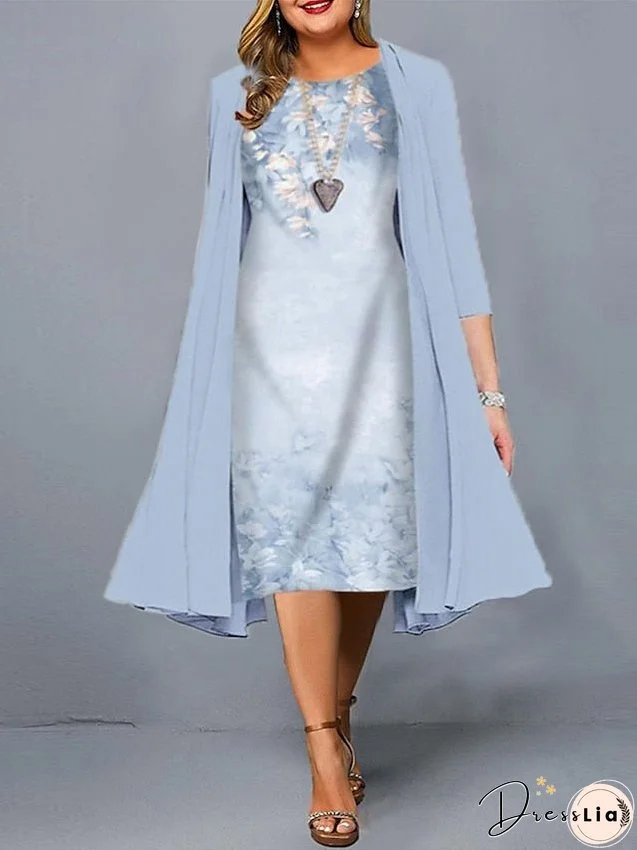 Plus Size Casual Dress Dress Set Two Piece Dress Floral Midi Dress 3/4 Length Sleeve Print Crew Neck Fashion Daily Light Green Pink Spring Summer L XL XXL 3XL 4XL for Women