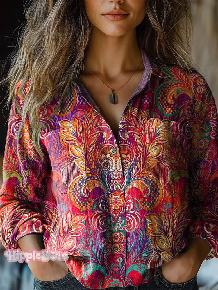 Colorful Ethnic Pattern Printed Women’s Casual Long Sleeve Comfortable Cotton Shirt Multicolor / S