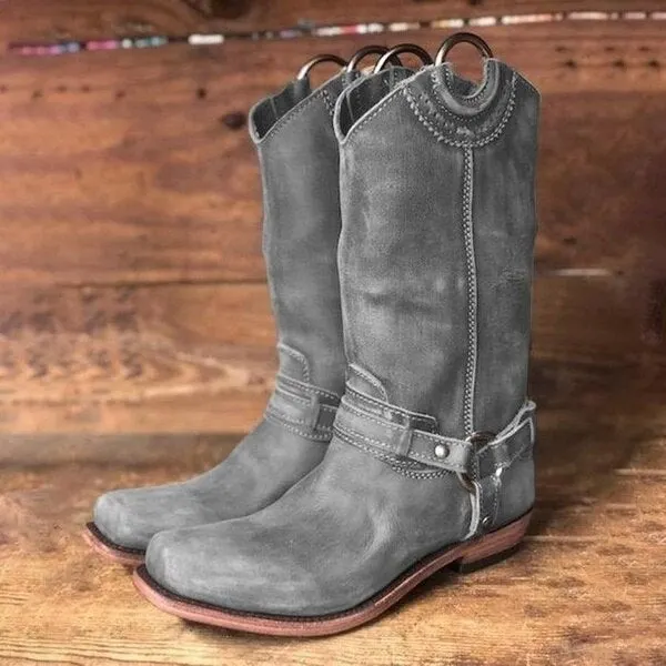 Women Boots 2020 Autumn Vintage Brown PU Leather Cowboy Square Toe Mid-Calf Boots Outdoor Slip On Metal Buckle Ladies Boots