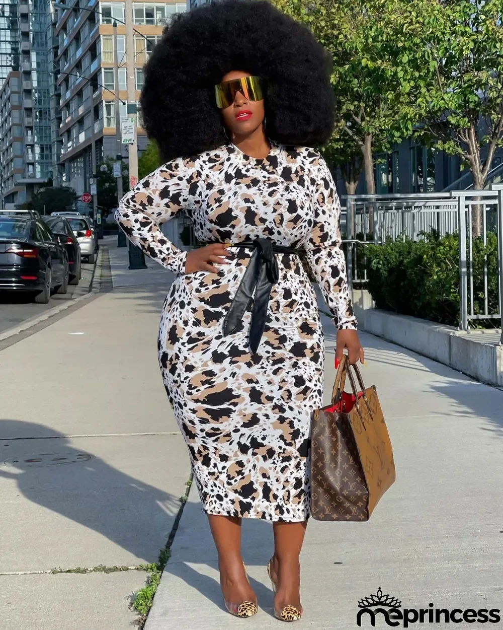 Large Size Printed Slim Slimming Belt Dress