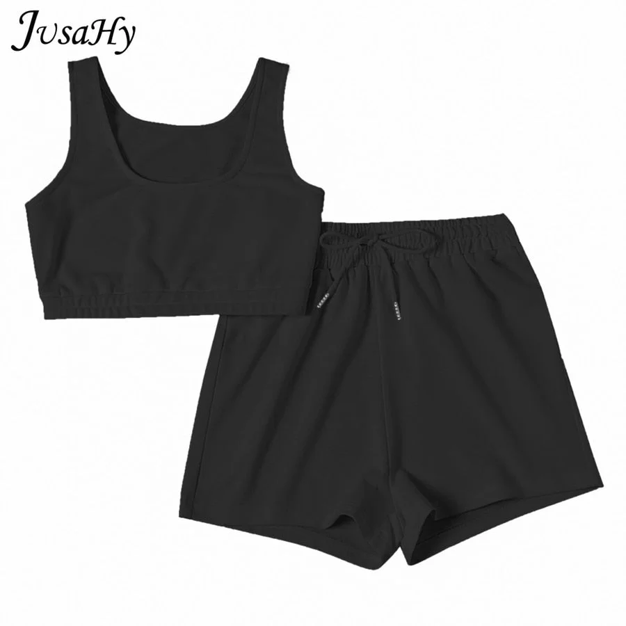 Jusahy Casual Stretch Solid Two Piece Sets Women 2021 Crop Top and Drawstring Shorts Matching Set Sportswear Summer