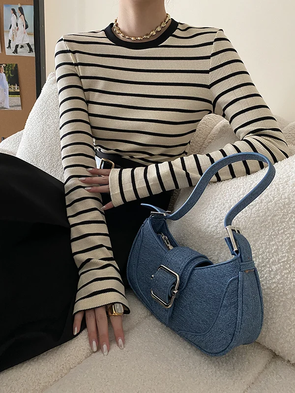 Striped Contrast Color Skinny Long Sleeves Round-Neck T-Shirts Tops