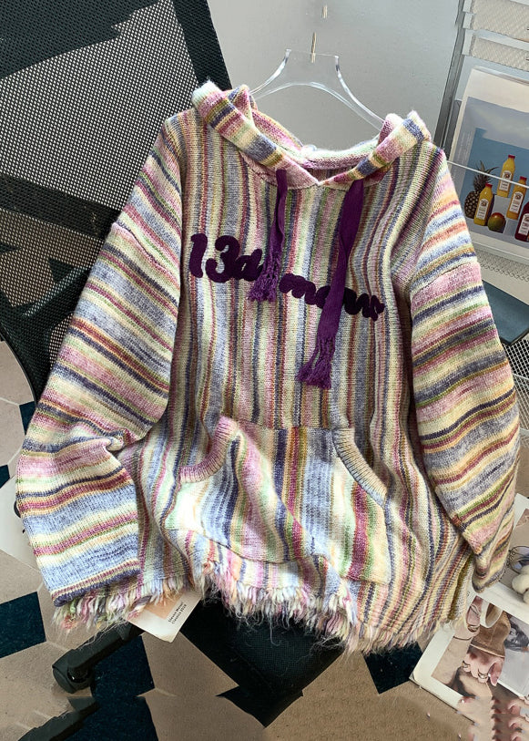 VCSHOES Purple Striped Pockets Patchwork Cotton Knit Top Fall