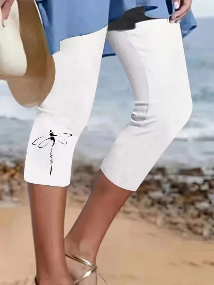 Women's Dragonfly Print Cropped Pants - Slim-Fit Stretchy White Casual Trousers With Mid-Stretch Fabric, Machine Washable & All-Season Versatile Style For Casual Attire, Summer Clothing, Stylish Beachwear