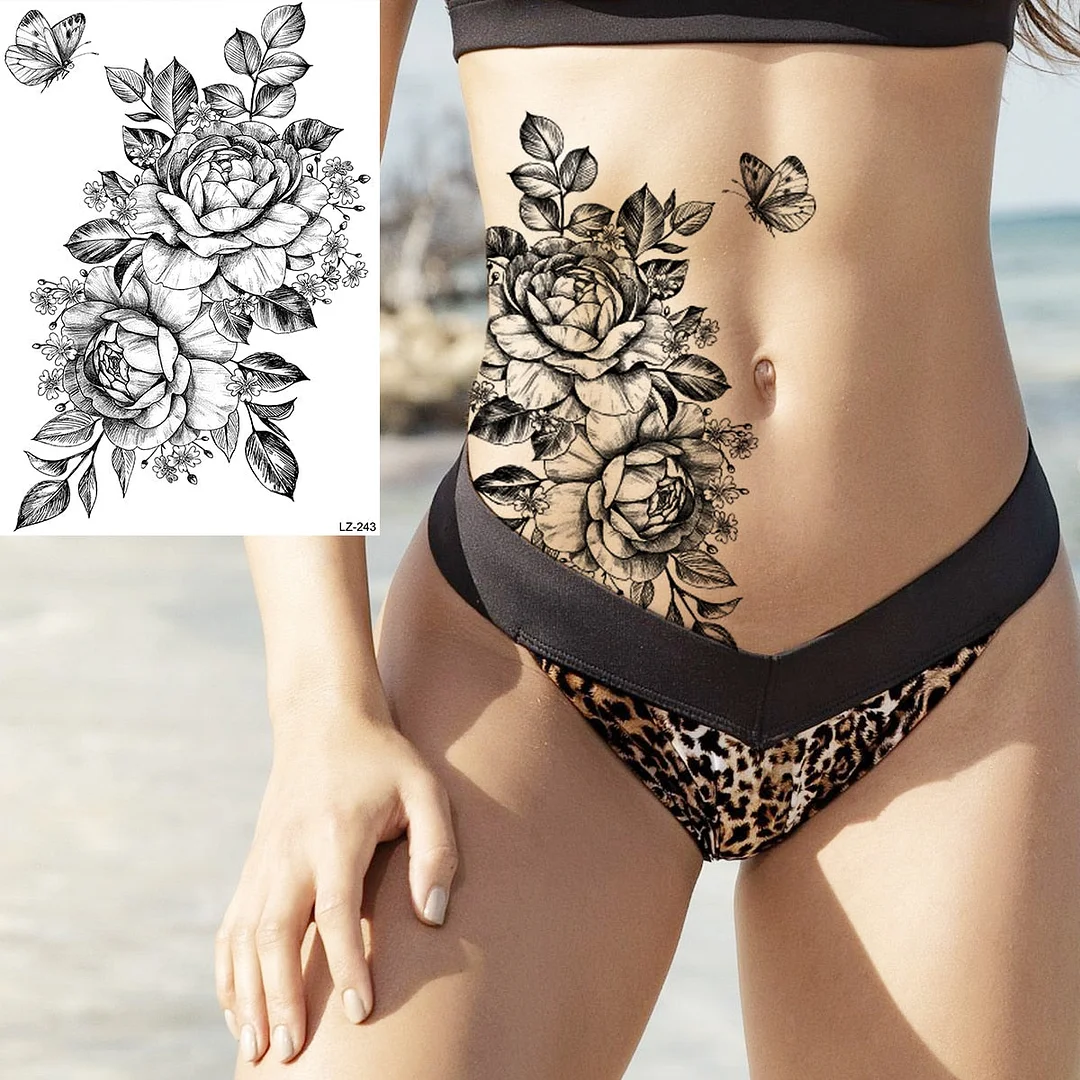 3D Large Peony Flower Temporary Tattoos For Women Girl Arm Thigh rose skull Realistic Fake Tattoo Body Art Tatoo Paper