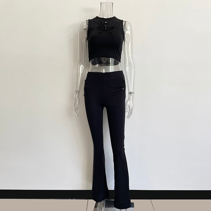 KGFIGU Fashion Design Two Piece Sets Women 2021 New Arrival Hollow Pattern Cropped Top And Overalls Elegant Black Pants Suit