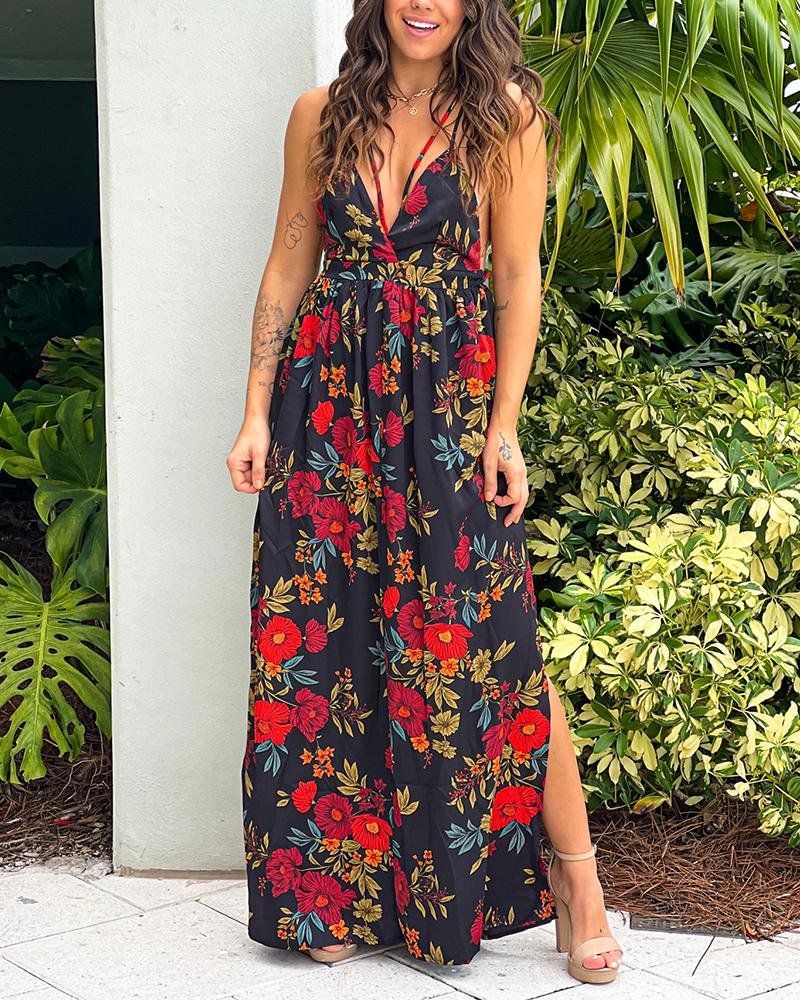 Vacation V Neck Printing Maxi Dress