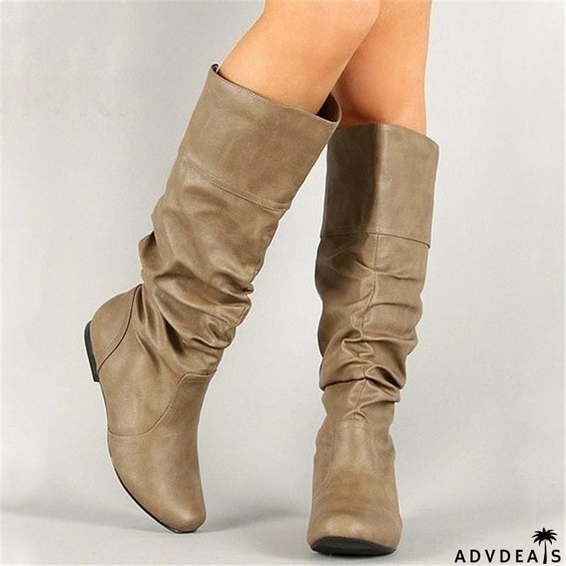 Fashion Slouch Leather Mid-Calf Flat Boots